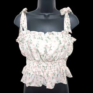 She Sky Smocked Floral Peplum Cropped Tank Top Sz M Stretch Feminine Girlie NWT